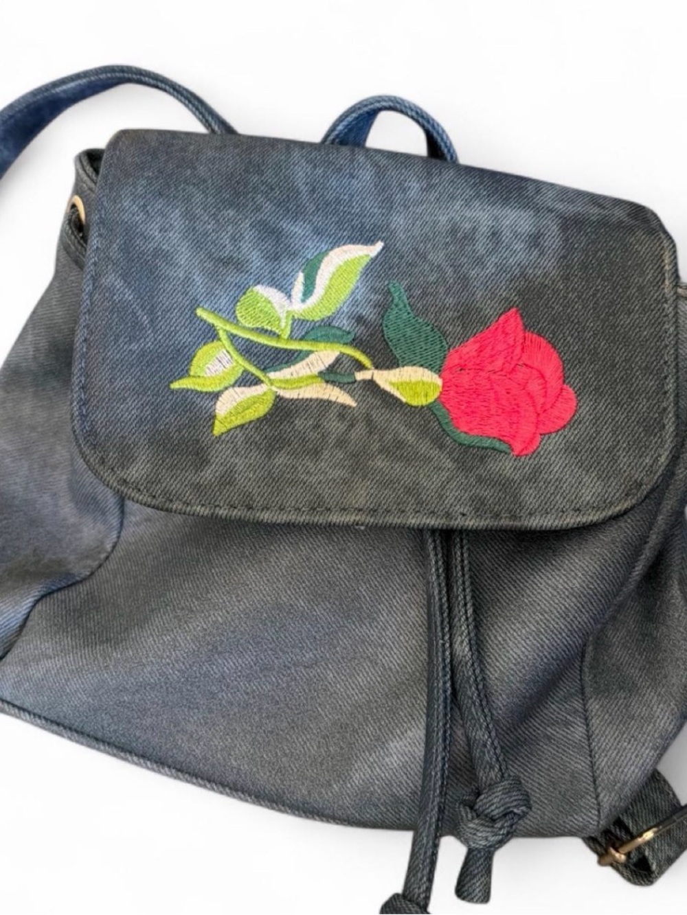 Women's Dark Gray Embroidered Rose Backpack - Casual Floral Accent